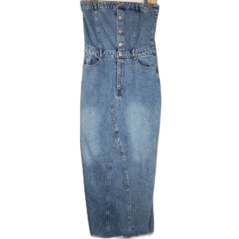 MICAS Strapless Denim Midi Dress Button Front Split Smocked Jean Midi Wash L